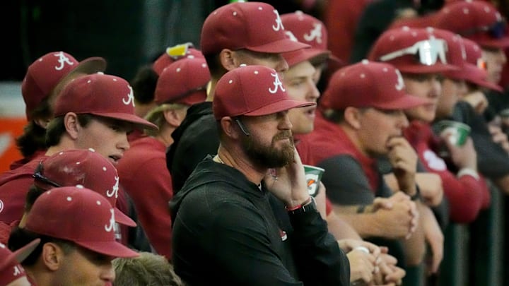 Alabama head coach Rob Vaughn watches the game progress from the dugout as the Tide played UAB at Sewell-Thomas Stadium Tuesday, April 15, 2025.