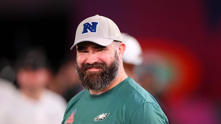 Feb 1, 2024; Orlando, FL, USA;  Philadelphia Eagles center Jason Kelce (62) participates in the NFL
