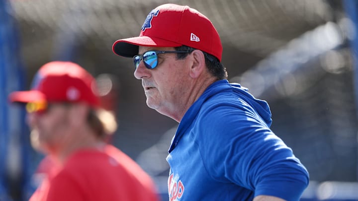 Feb 25, 2024; Clearwater, Florida, USA;  Philadelphia Phillies manager Rob Thomson (59) directs batting practice before a game against the New York Yankees at BayCare Ballpark. Mandatory Credit: Nathan Ray Seebeck-Imagn Images
