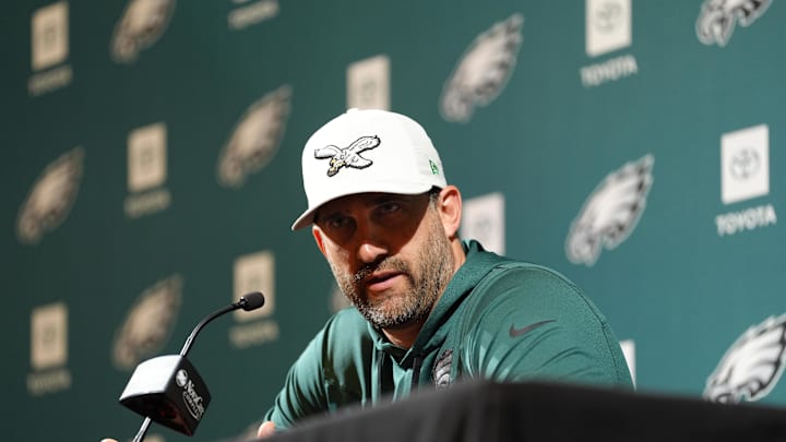 Jun 10, 2025; Philadelphia, PA, USA; Philadelphia Eagles head coach Nick Sirianni addresses media during a press conference at NovaCare Complex. Mandatory Credit: Kyle Ross-Imagn Images