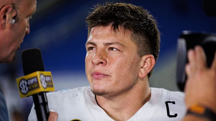 Oct 12, 2024; Lexington, Kentucky, USA; Vanderbilt Commodores quarterback Diego Pavia (2) is interviewed after a game against the Kentucky Wildcats at Kroger Field. Mandatory Credit: Jordan Prather-Imagn Images