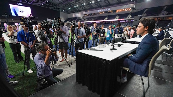 Jul 9, 2025; Frisco, TX, USA; TCU quarterback Josh Hoover speaks with the media during 2025 Big 12 Football Media Days at The Star. Mandatory Credit: Raymond Carlin III-Imagn Images