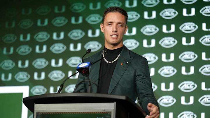 Jul 22, 2025; Charlotte, NC, USA; Miami quarterback Carson Beck answers questions from the media during ACC Media Days at Hilton Charlotte Uptown. Mandatory Credit: Jim Dedmon-Imagn Images