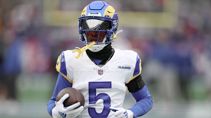 Dec 31, 2023; East Rutherford, New Jersey, USA; Los Angeles Rams wide receiver Tutu Atwell (5) warms