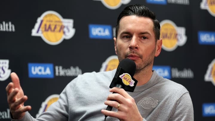 Nov 23, 2024; Los Angeles, California, USA;  Los Angeles Lakers head coach JJ Redick speaks to media prior to a game against the Denver Nuggets at Crypto.com Arena. Mandatory Credit: Kiyoshi Mio-Imagn Images