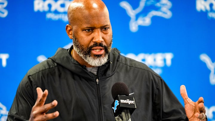 Detroit Lions Executive Vice President & General Manager Brad Holmes speaks to the press about their season, how it ended and what’s next at the Detroit Lions headquarters and training facility in Allen Park, Mich., Thursday, Jan. 23, 2025.