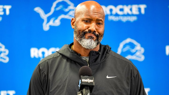 Detroit Lions Executive Vice President & General Manager Brad Holmes speaks to the press about their season, how it ended and what’s next at the Detroit Lions headquarters and training facility in Allen Park, Mich., Thursday, Jan. 23, 2025.
