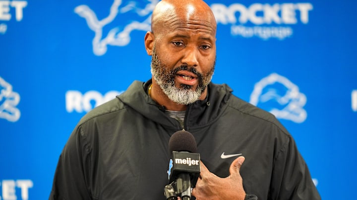 Detroit Lions Executive Vice President & General Manager Brad Holmes speaks to the press about their season, how it ended and what’s next at the Detroit Lions headquarters and training facility in Allen Park, Mich., Thursday, Jan. 23, 2025.