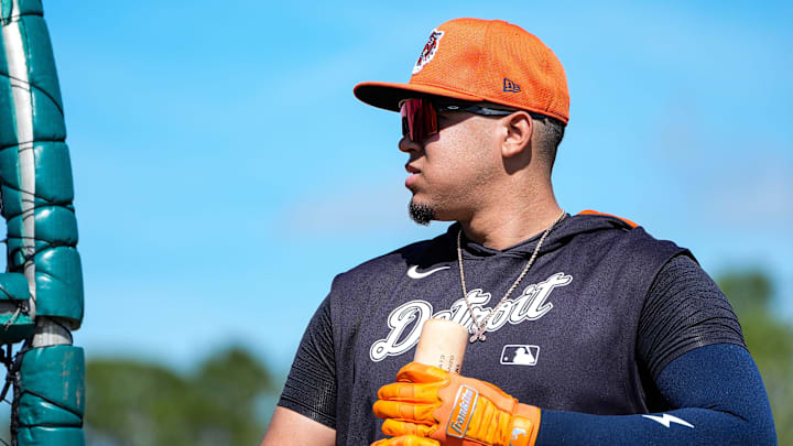 Detroit Tigers catcher Thayron Liranzo walks out of batting cage after practice during spring training at TigerTown in Lakeland, Fla. on Saturday, Feb. 15, 2025.