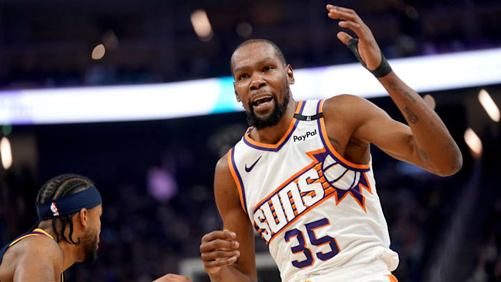 Jan 31, 2025; San Francisco, California, USA; Phoenix Suns forward Kevin Durant (35) reacts after having his jersey pulled during action against the Golden State Warriors in the first quarter at the Chase Center. Mandatory Credit: Cary Edmondson-Imagn Images