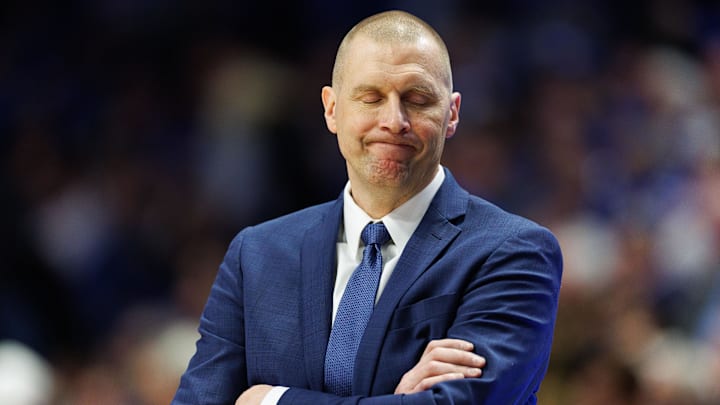 Feb 1, 2025; Lexington, Kentucky, USA; Kentucky Wildcats head coach Mark Pope reacts to the action during the second half against the Arkansas Razorbacks at Rupp Arena at Central Bank Center. Mandatory Credit: Jordan Prather-Imagn Images