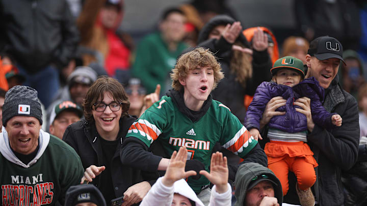 Dec 28, 2023; Bronx, NY, USA; Miami Hurricanes fans celebrate during the first half of the 2023