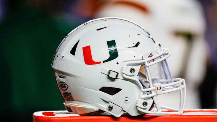 Oct 14, 2023; Chapel Hill, North Carolina, USA; Miami Hurricanes helmet sits on bench as the