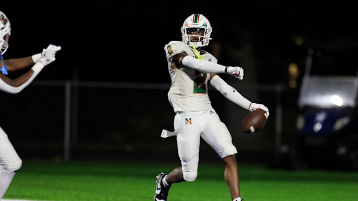 Mandarin's Jaime Ffrench Jr. (2) celebrates his touchdown score during the third quarter of a regular season high school football matchup Friday, Sept. 8, 2023 at Riverside High School in Jacksonville, Fla. The Mandarin Mustangs defeated the Riverside Generals 50-20. [Corey Perrine/Florida Times-Union]