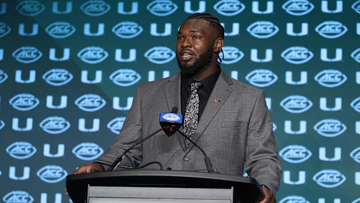 Jul 24, 2024; Charlotte, NC, USA;  Miami Hurricanes offensive lineman Jalen Rivers speaks to the media during the ACC Kickoff at Hilton Charlotte Uptown. Mandatory Credit: Jim Dedmon-USA TODAY Sports