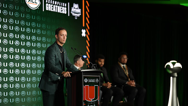 Jul 22, 2025; Charlotte, NC, USA; Miami quarterback Carson Beck answers questions from the media during ACC Media Days at Hilton Charlotte Uptown. Mandatory Credit: Jim Dedmon-Imagn Images