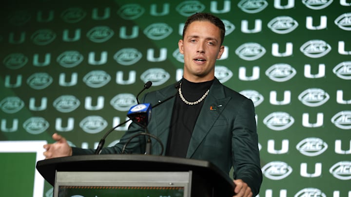 Jul 22, 2025; Charlotte, NC, USA; Miami quarterback Carson Beck answers questions from the media during ACC Media Days at Hilton Charlotte Uptown. Mandatory Credit: Jim Dedmon-Imagn Images