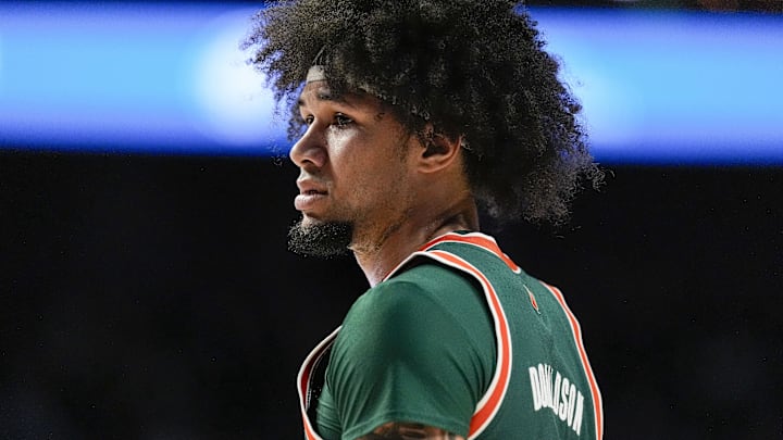 Jan 7, 2026; Winston-Salem, North Carolina, USA; Miami (FL) Hurricanes guard Tre Donaldson (3) during the first half against the Wake Forest Demon Deacons at Lawrence Joel Veterans Memorial Coliseum. Mandatory Credit: Jim Dedmon-Imagn Images