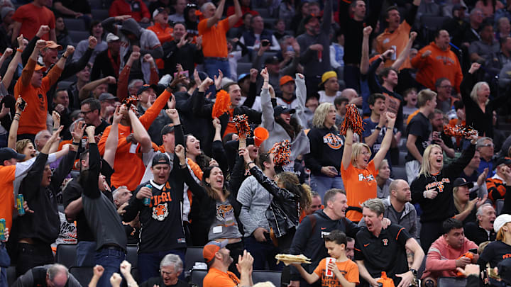 Mar 16, 2023; Sacramento, CA, USA; Princeton Tigers fans cheer against the Arizona Wildcats during the first half at Golden 1 Center. Mandatory Credit: Kelley L Cox-Imagn Images