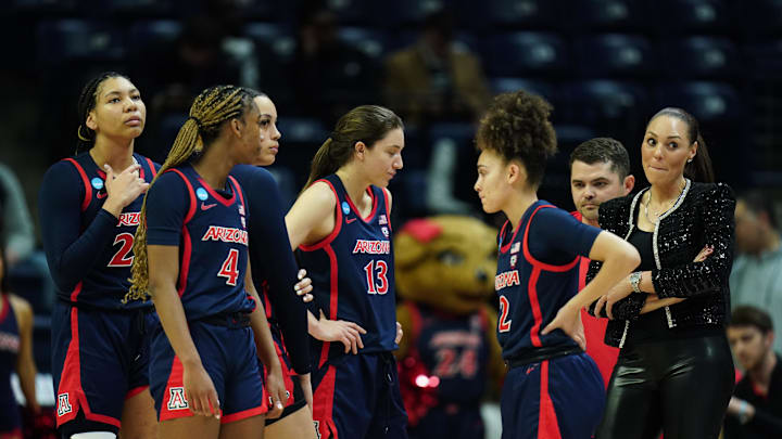 Mar 23, 2024; Storrs, Connecticut, USA; Arizona Wildcats head coach Adia Barnes with her team during a break in the action as they take on the Syracuse Orange at Harry A. Gampel Pavilion. Mandatory Credit: David Butler II-Imagn Images