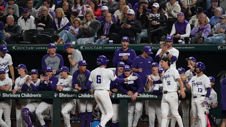 Feb 22, 2025; Arlington, TX, USA; The Arkansas Razorbacks play the TCU Horned Frogs during the Amegy Bank College Baseball Series presented by Kubota Weekend 2 at Globe Life Field. Mandatory Credit: Raymond Carlin III-Imagn Images