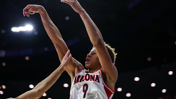 Nov 22, 2024; Tucson, Arizona, USA; Arizona Wildcats forward Carter Bryant (9) attempts to shoot a three pointer during the second half against the Duke Blue Devils at McKale Center. Mandatory Credit: Aryanna Frank-Imagn Images