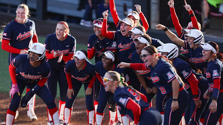 The Arizona Wildcat softball team celebrates a home run during a Big 12 Conference softball game, Friday, March 13, 2026, at Rocky Johnson Field.