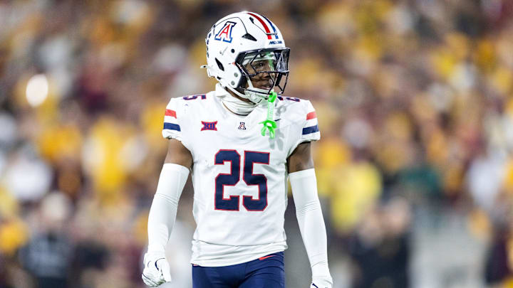 Nov 28, 2025; Tempe, Arizona, USA; Arizona Wildcats defensive back Michael Dansby (25) against the Arizona State Sun Devils during the 99th Territorial Cup at Mountain America Stadium. Mandatory Credit: Mark J. Rebilas-Imagn Images