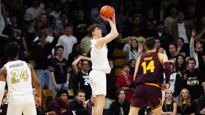 Feb 7, 2026; Boulder, Colorado, USA; Colorado Buffaloes forward Sebastian Rancik (7) lines up a three point basket in the first half against the Arizona State Sun Devils at the CU Events Center. Mandatory Credit: Ron Chenoy-Imagn Images