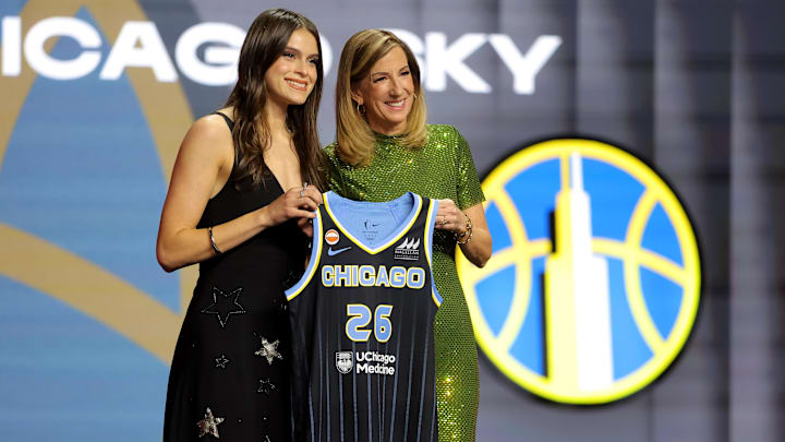 Apr 13, 2026; New York, NY, USA;  WNBA Commissioner Cathy Engelbert (right) poses for photos with Gabriela Jaquez who was selected fifth overall by the Chicago Sky during the 2026 WNBA Draft at The Shed at Hudson Yards. Mandatory Credit: Brad Penner-Imagn Images