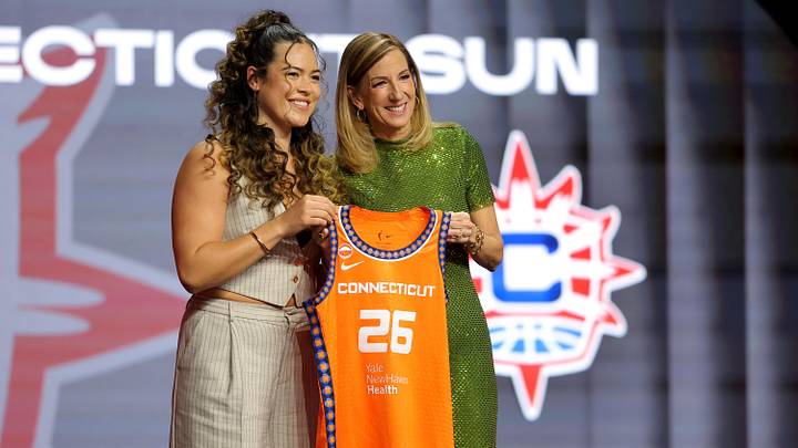 Apr 13, 2026; New York, NY, USA;  WNBA Commissioner Cathy Engelbert (right) poses for photos with Charlisse Leger-Walker who was selected eighteenth overall by the Connecticut Sun during the 2026 WNBA Draft at The Shed at Hudson Yards. Mandatory Credit: Brad Penner-Imagn Images