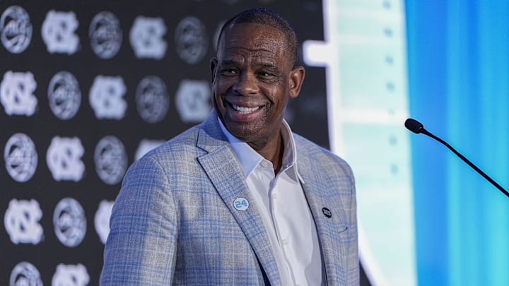 Oct 10, 2024; Charlotte, NC, USA; North Carolina head coach Hubert Davis at The Hilton Charlotte Uptown. Mandatory Credit: Jim Dedmon-Imagn Images