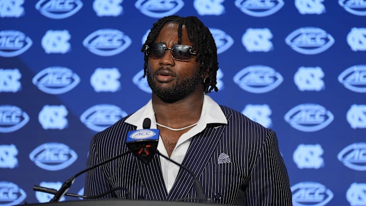 Jul 25, 2024; Charlotte, NC, USA;  UNC Tar Heels defensive end Kaimon Rucker speaks to the media during the ACC Kickoff at Hilton Charlotte Uptown. Mandatory Credit: Jim Dedmon-Imagn Images