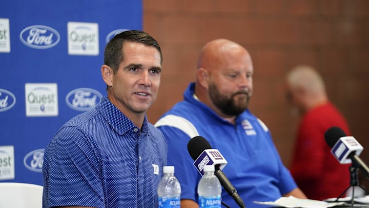 Jul 26, 2023; East Rutherford, NJ, USA; New York Giants general manager Joe Schoen, left, speaks