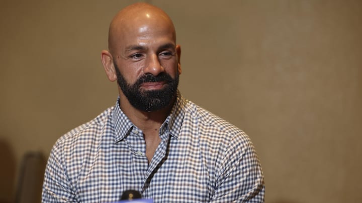 Mar 25, 2024; Orlando, FL, USA;  New York Jets head coach Robert Saleh talks to media during the NFL