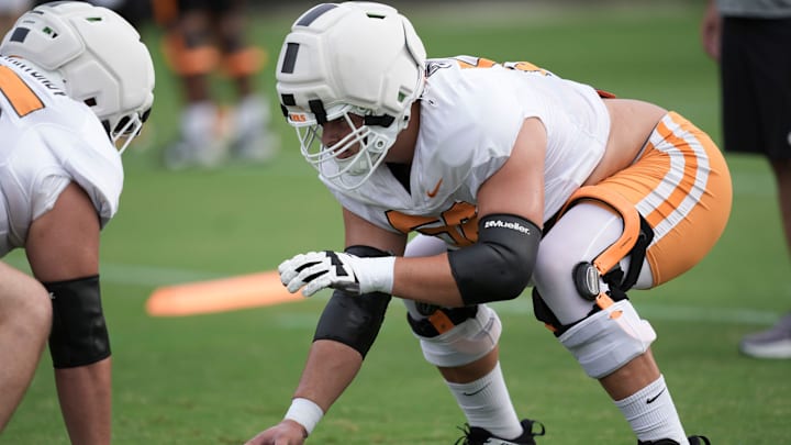 Tennessee offensive lineman Sam Pendleton (56) during Tennessee football preseason practice, in Knoxville, Tennessee, Aug. 5, 2025.