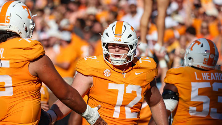 Sep 27, 2025; Starkville, Mississippi, USA; Tennessee Volunteers offensive lineman Jesse Perry (72) celebrates after a touchdown against the Mississippi State Bulldogs during the first half at Davis Wade Stadium at Scott Field. Mandatory Credit: Wesley Hale-Imagn Images