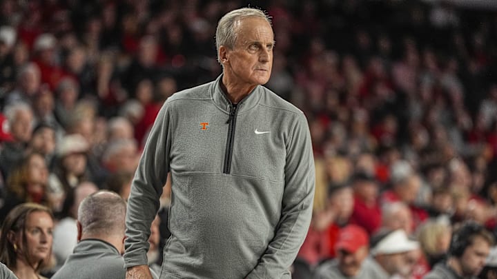 Jan 28, 2026; Athens, Georgia, USA; Tennessee Volunteers head coach Rick Barnes reacts on the sideline against the Georgia Bulldogs at Stegeman Coliseum. Mandatory Credit: Dale Zanine-Imagn Images