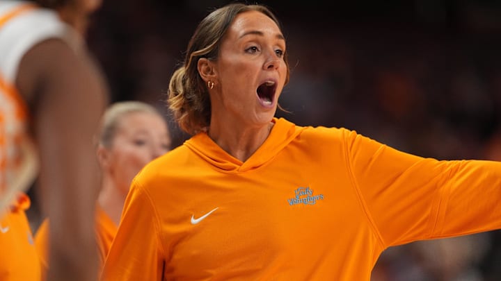 Mar 5, 2026; Greenville, SC, USA; Tennessee Volunteers head coach Kim Caldwell reacts during the first half against the Alabama Crimson Tide at Bon Secours Wellness Arena. Mandatory Credit: Jim Dedmon-Imagn Images