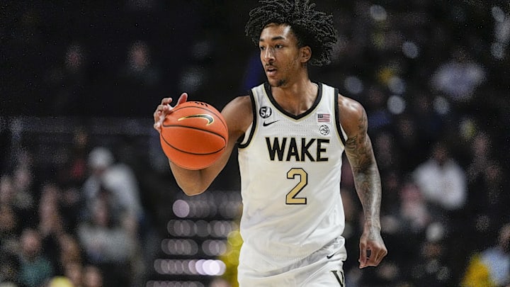 Feb 28, 2026; Winston-Salem, North Carolina, USA; Wake Forest Demon Deacons forward Juke Harris (2) brings the ball up court during the first half against the Syracuse Orange at Lawrence Joel Veterans Memorial Coliseum. Mandatory Credit: Jim Dedmon-Imagn Images