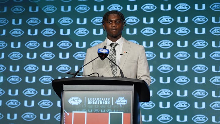 Jul 24, 2024; Charlotte, NC, USA;  Miami Hurricanes quarterback Cam Ward speaks to the media during the ACC Kickoff at Hilton Charlotte Uptown. Mandatory Credit: Jim Dedmon-USA TODAY Sports