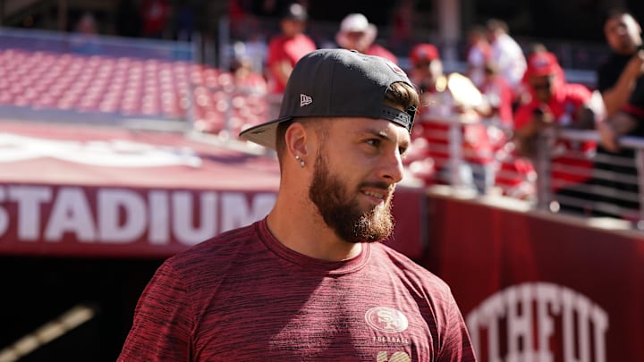 Sep 9, 2024; Santa Clara, California, USA;  San Francisco 49ers wide receiver Ricky Pearsall (14) enters the field before a game against the New York Jets at Levi's Stadium. Mandatory Credit: David Gonzales-Imagn Images