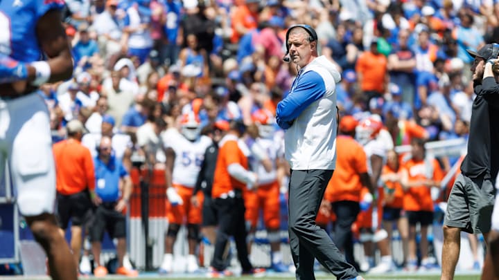 Apr 12, 2025; Gainesville, FL, USA; Florida Gators head coach Billy Napier looks on during the first half at Ben Hill Griffin Stadium. Mandatory Credit: Matt Pendleton-Imagn Images