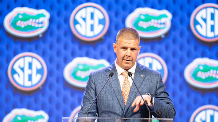 Jul 17, 2024; Dallas, TX, USA; Florida head coach Billy Napier speaking at Omni Dallas Hotel. Mandatory Credit: Brett Patzke-Imagn Images
