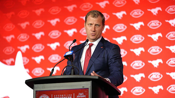 Jul 22, 2025; Charlotte, NC, USA; Southern Methodist head coach Rhett Lashlee answers questions from the media during ACC Media Days at Hilton Charlotte Uptown. Mandatory Credit: Jim Dedmon-Imagn Images