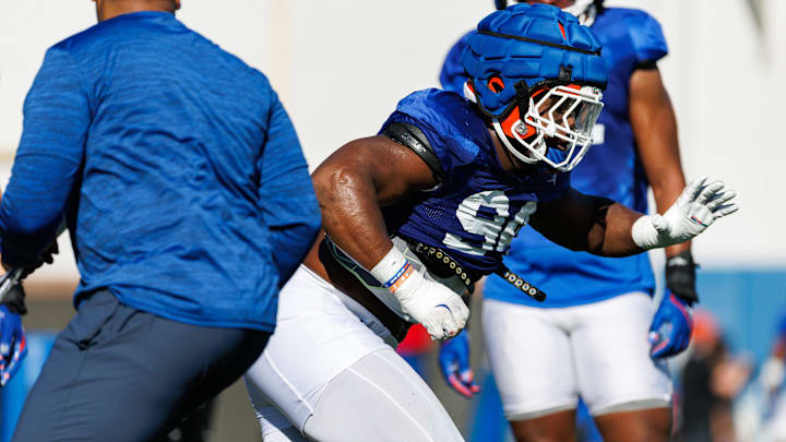 Florida Gators edge Tyreak Sapp (94) participates in a drill during spring football practice at Heavener Football Complex at the University of Florida in Gainesville, FL on Tuesday, March 11, 2025. [Matt Pendleton/Gainesville Sun]
