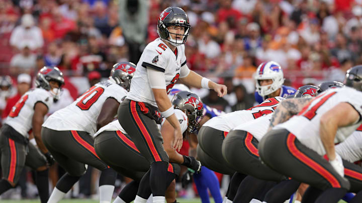 Aug 23, 2025; Tampa, Florida, USA; Tampa Bay Buccaneers quarterback Kyle Trask (2) calls a play at the line against the Buffalo Bills in the first quarter at Raymond James Stadium. Mandatory Credit: Nathan Ray Seebeck-Imagn Images
