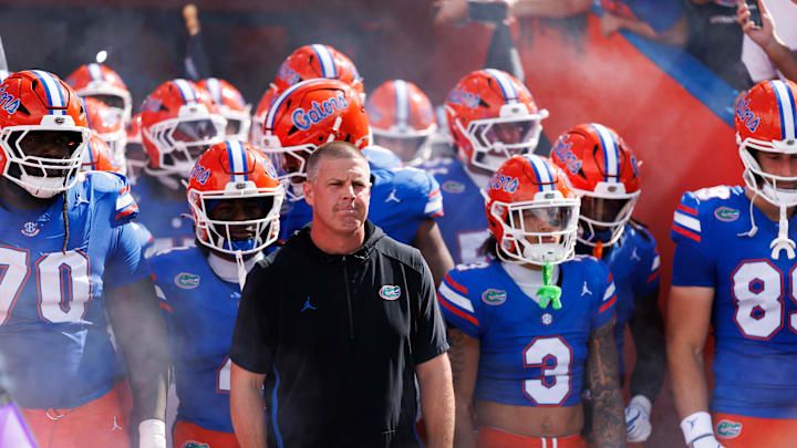 Sep 6, 2025; Gainesville, Florida, USA; Florida Gators head coach Billy Napier looks on before a game against the South Florida Bulls at Ben Hill Griffin Stadium. Mandatory Credit: Matt Pendleton-Imagn Images