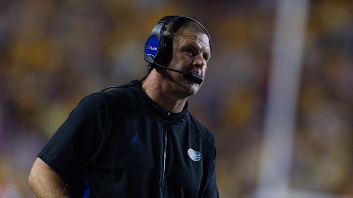 Sep 13, 2025; Baton Rouge, Louisiana, USA;  Florida Gators head coach Billy Napier looks on against the LSU Tigers during the second half at Tiger Stadium. Mandatory Credit: Stephen Lew-Imagn Images