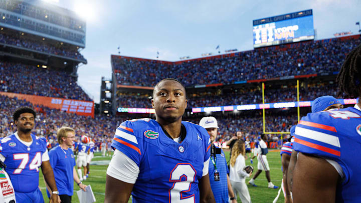 Oct 4, 2025; Gainesville, Florida, USA; Florida Gators quarterback DJ Lagway (2) looks on after a game against the Texas Longhorns at Ben Hill Griffin Stadium. Mandatory Credit: Matt Pendleton-Imagn Images